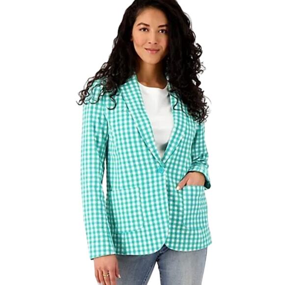 Susan Graver Jackets & Blazers - QVC Susan Graver Yarn Dyed Woven Gingham Boyfriend Blazer NWOT TURQUOISE SIZE 12
